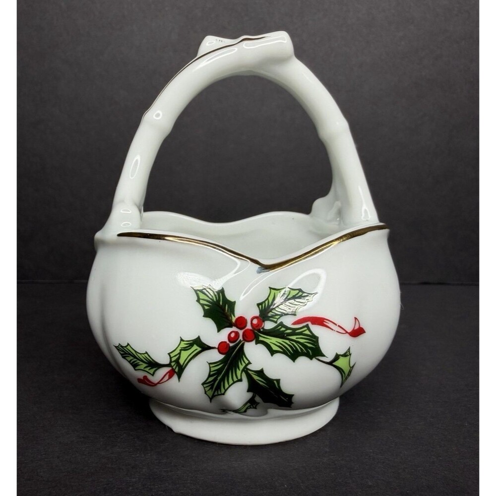 Vintage Lefton China Hand Painted Holly and Berries Trinket Basket w/ Gold Trim